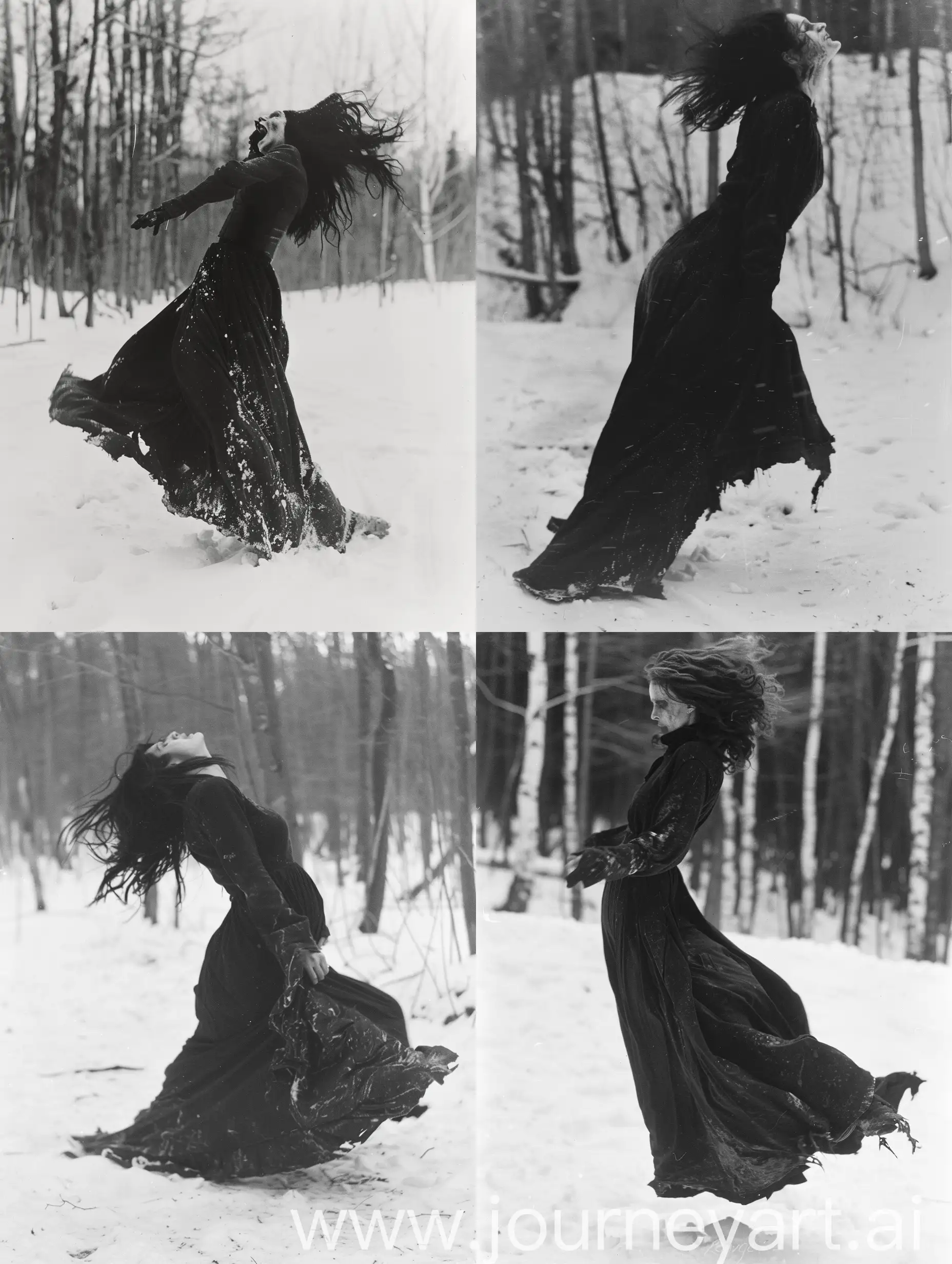 Side view shot of Demon possessed woman wearing a black gown that is torn and dirty. She is in a tonic posture, with her back arched and her head, arms and legs back. Her dark hair is obscuring her face. She is slightly levitating above the ground. Shes in a snow covered minimalistic forest, grayscale, dark horror, film photography, horror core, expired 35mm film