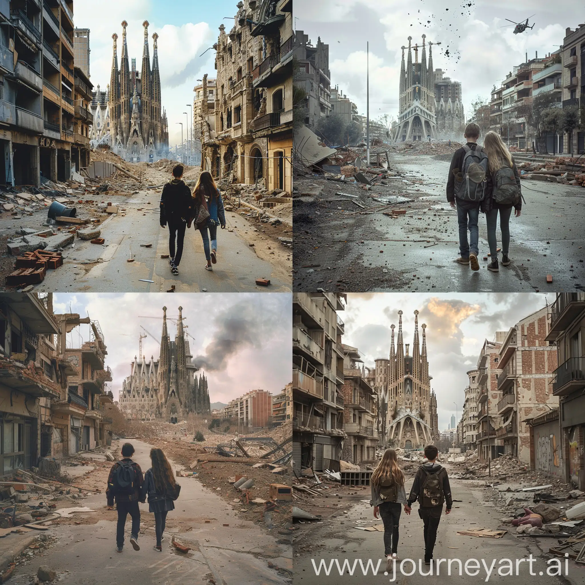 Un paisaje desolado tras la tercera guerra mundial, ciudad abandonada y restos de destrucción, una pareja de adolescentes caminan por una calle, al fondo se puede ver la Sagrada Família de Barcelona medio en ruinas