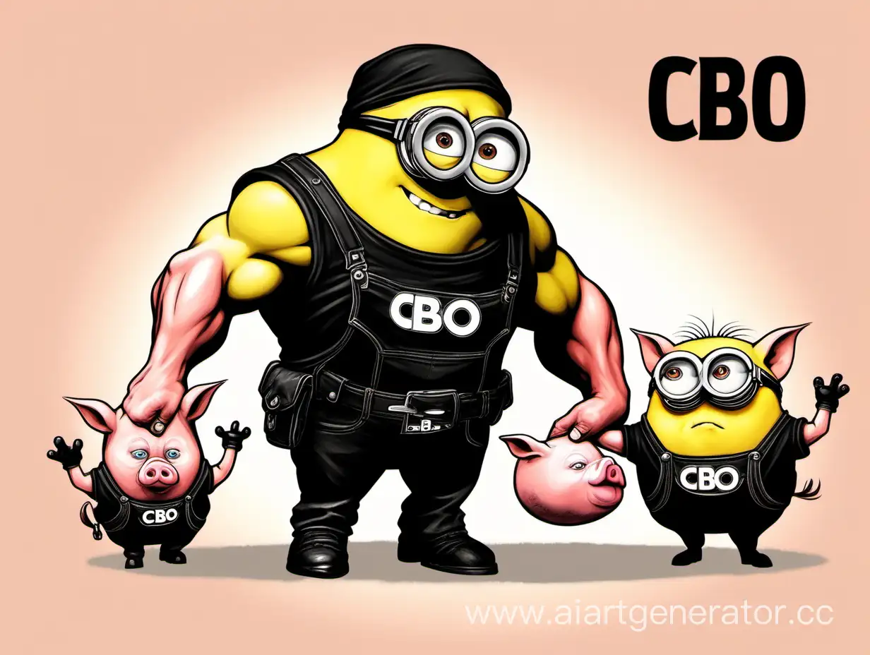 A minion with big muscles, he glares angrily at a small crying pig, and he's also wearing a black T-shirt with the inscription "CBO"