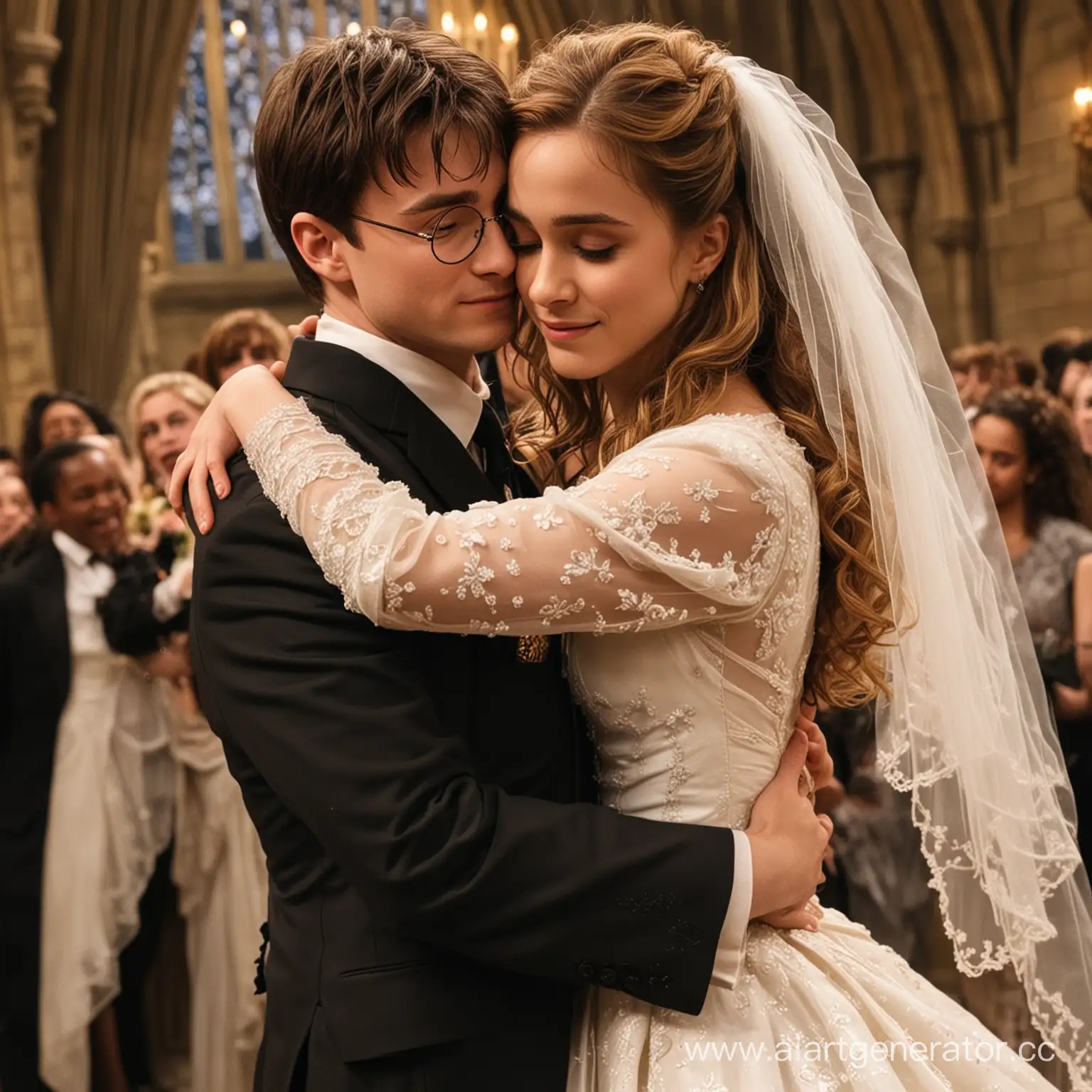 Гарри Поттер в чёрном костюме жениха обнимает Гермиону Грейнджер которая одета в свадебное пышное платье