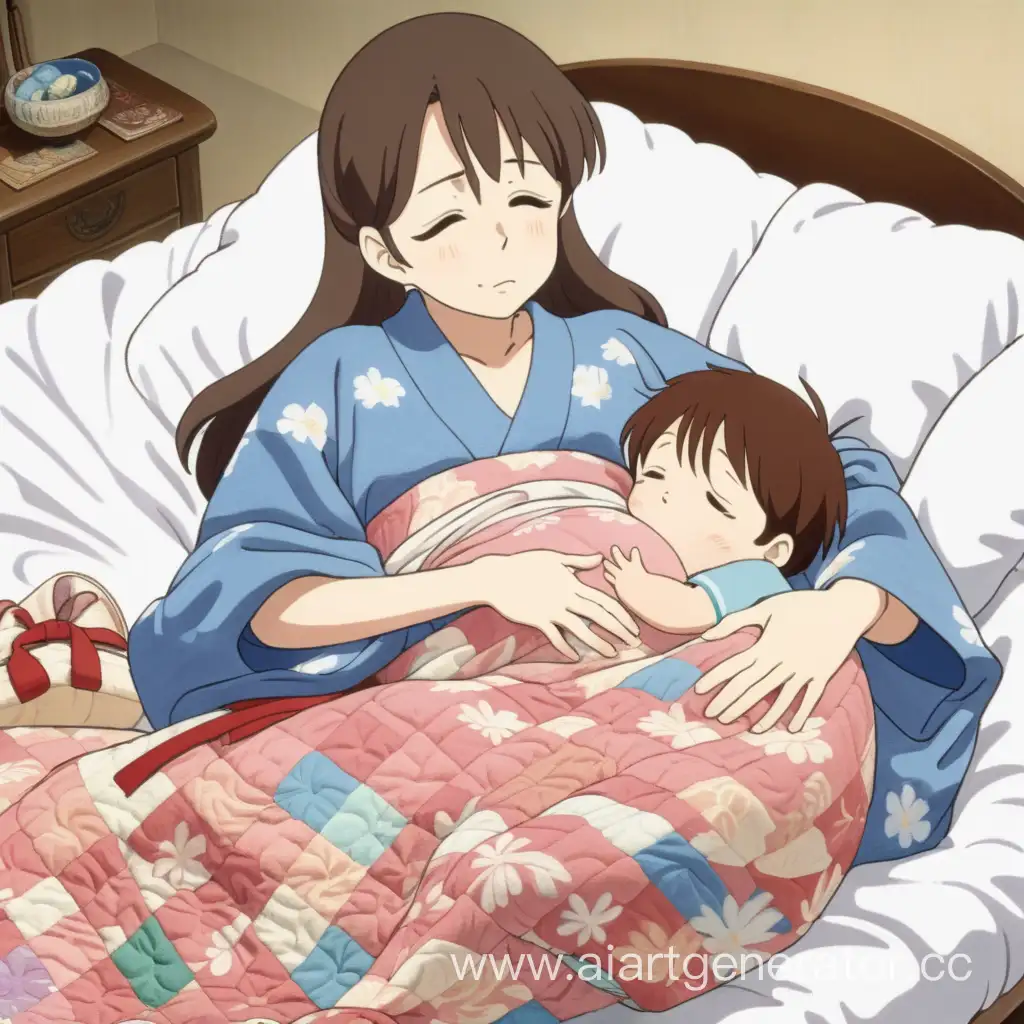 (ghibli anime) laying yukata pregnant mother (in quilt) hurting in labor and her son hugging her mommy's tummy in (unassisted birth)