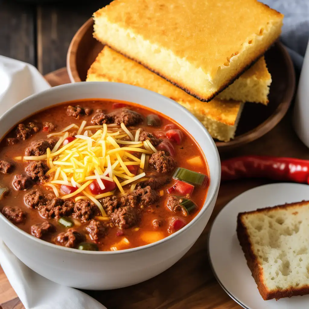 Homemade Chili Ground Beef Soup with Cornbread on Wooden Table