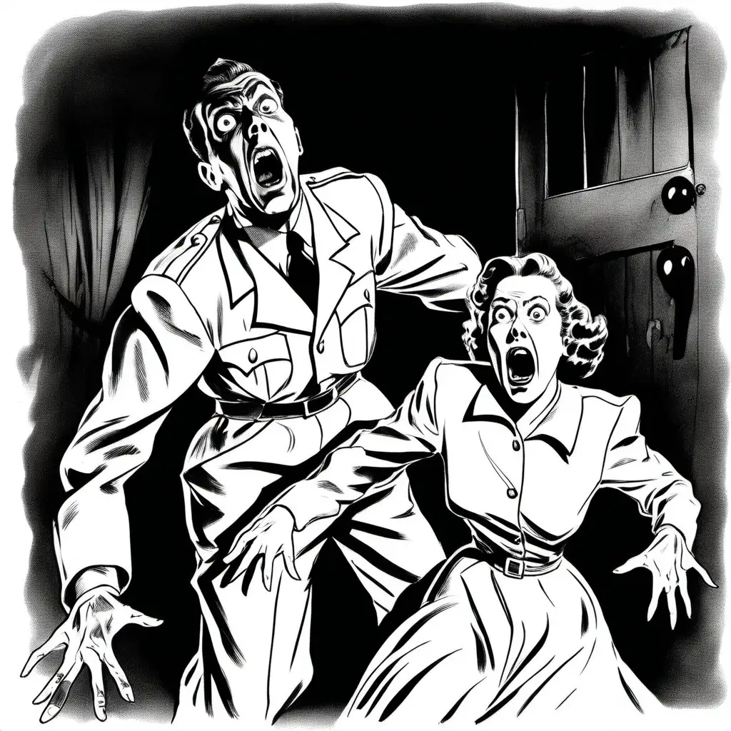 black and white drawing of frightened 1940s man and woman dressed in white and screaming in fear, with white background