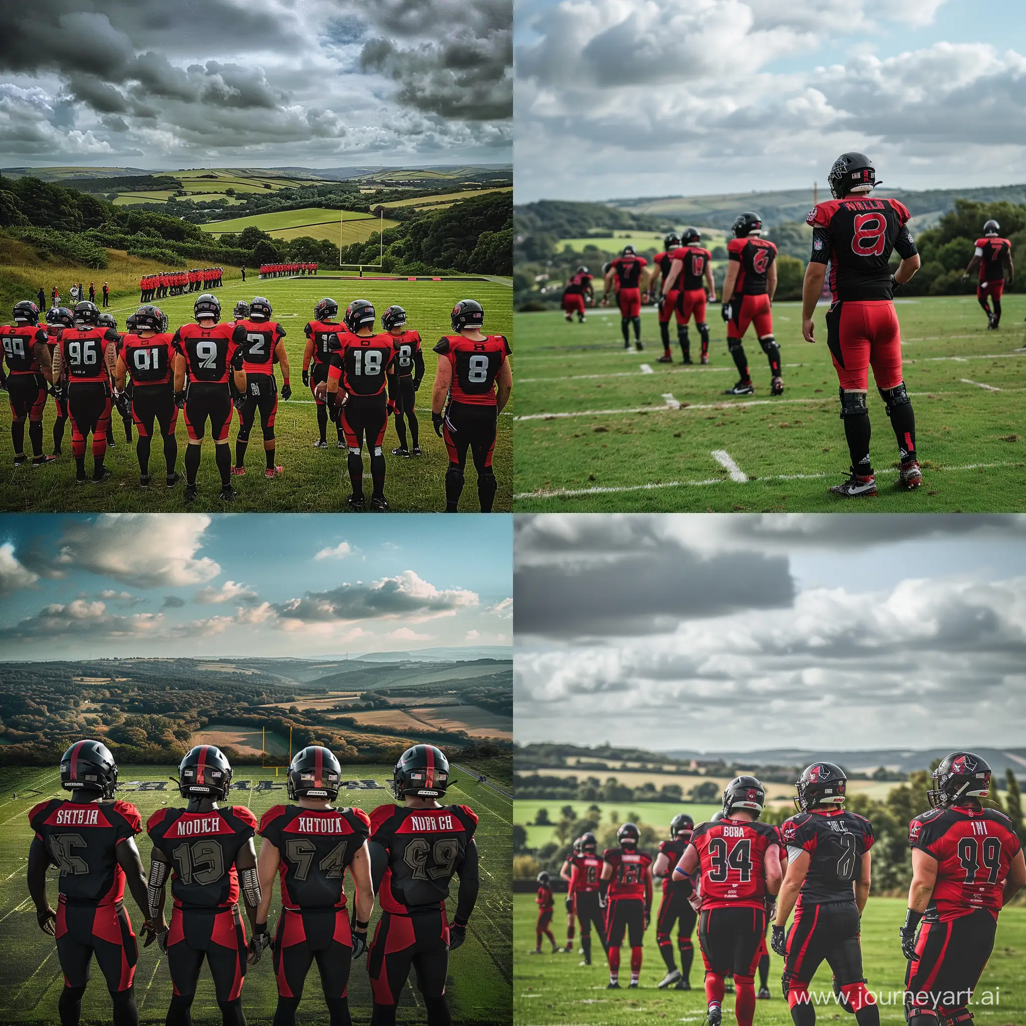 I want a picture of football players in red and black uniforms on an open field surrounded by lush greenery overlooking the countryside in a sports session. --v 6 --ar 1:1 --no 71243