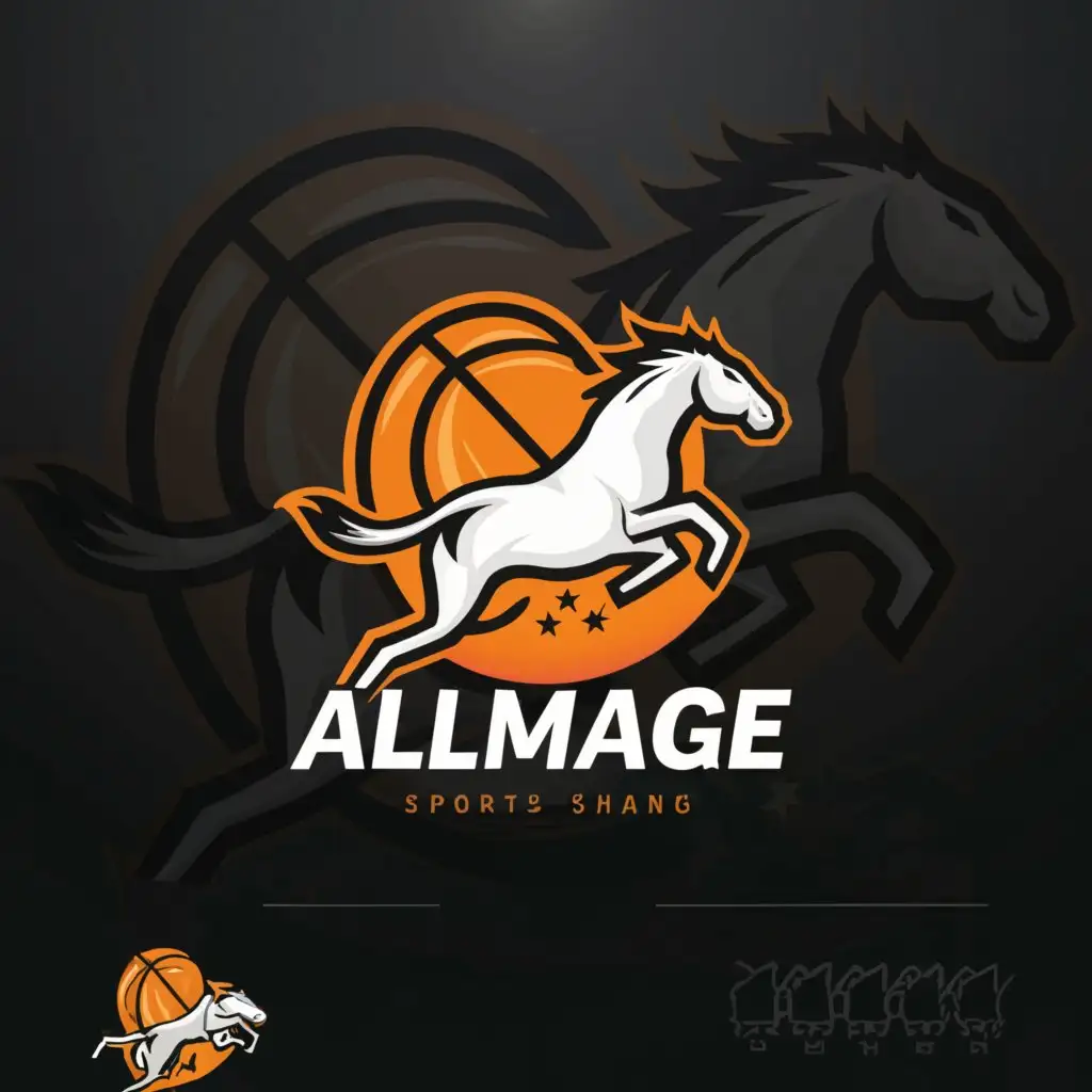 a logo design,with the text "ALL MAGE", main symbol:stallion BASKETBALL,Minimalistic,be used in Sports Fitness industry,clear background