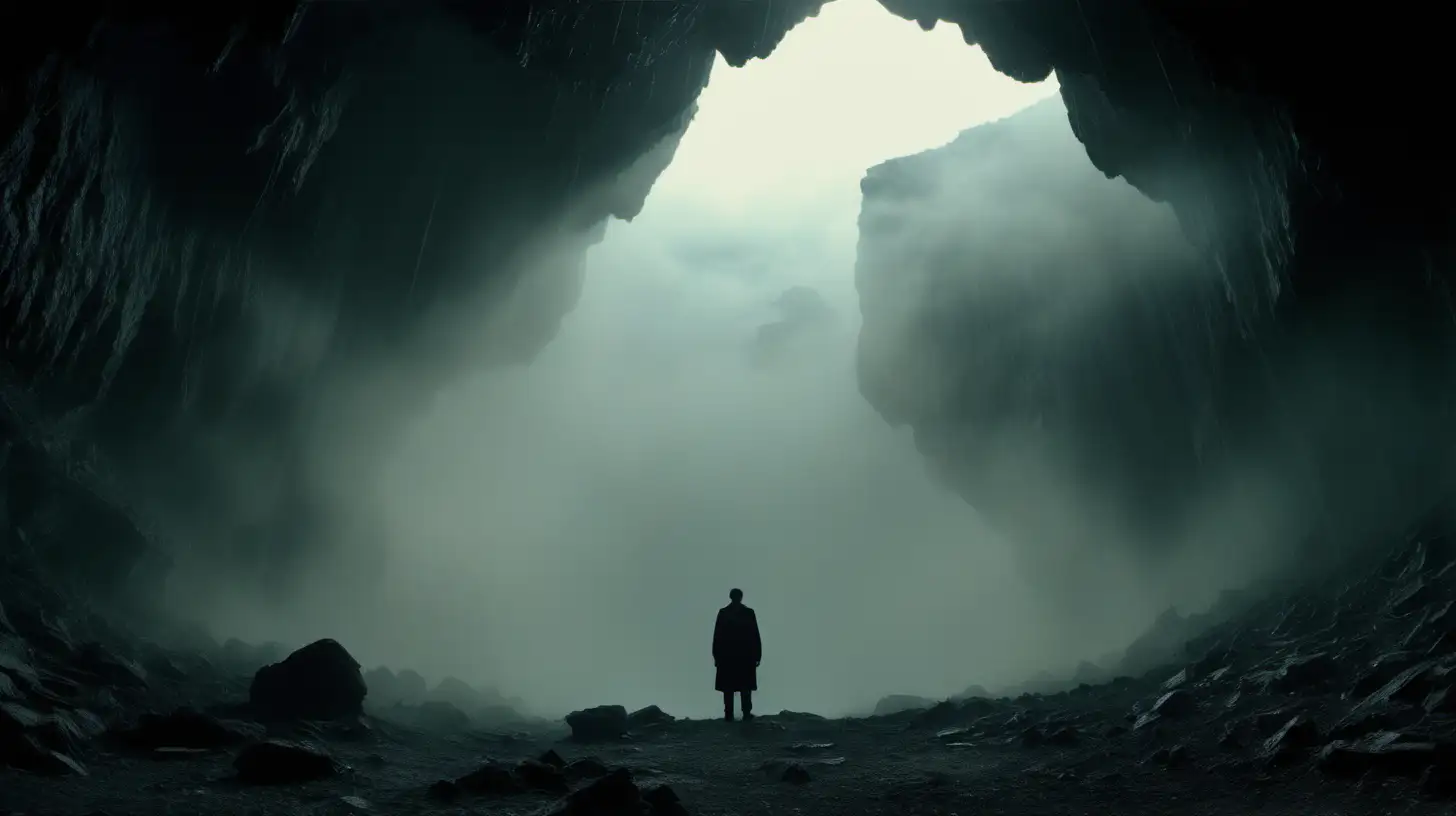Ethereal Dystopian Cinematography Misty Cave with Expansive Skies