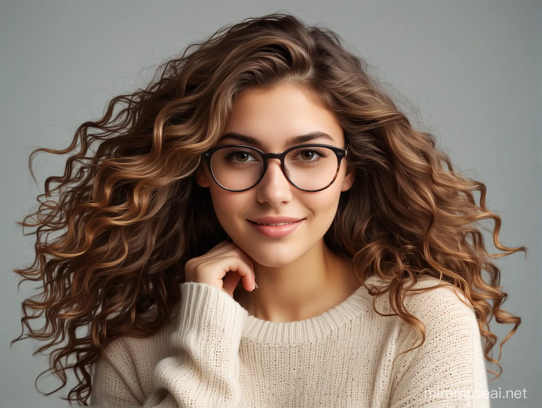 color photo of a captivating young beautiful girl with flowing, luscious hair, dressed in a cozy and stylish casual sweater, and wearing fashionable glasses that add a touch of sophistication to her look. The girl exudes confidence and grace, her radiant smile reflecting her vibrant personality. Her hair cascades down in voluminous waves, framing her face and adding to her natural beauty. The casual sweater she wears complements her style, with its soft fabric and relaxed fit providing both comfort and a trendy edge. The glasses she adorns perfectly accentuate her features, adding an air of intelligence and charm to her overall appearance. This composition captures the essence of youthful beauty and effortless style, inviting viewers to appreciate the allure and confidence that comes with embracing one's individuality. It is a visual celebration of the young girl's vibrant spirit and showcases the beauty of self-expression through fashion and personal style.