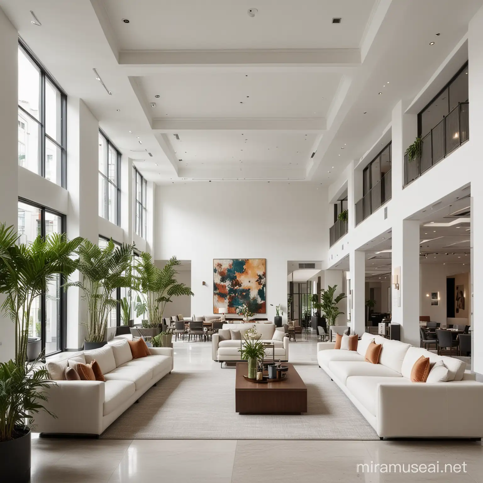 large modern, sleek hotel lobby with white walls, large windows, and coffered ceilings. large plants throughout the place with two L shaped couches