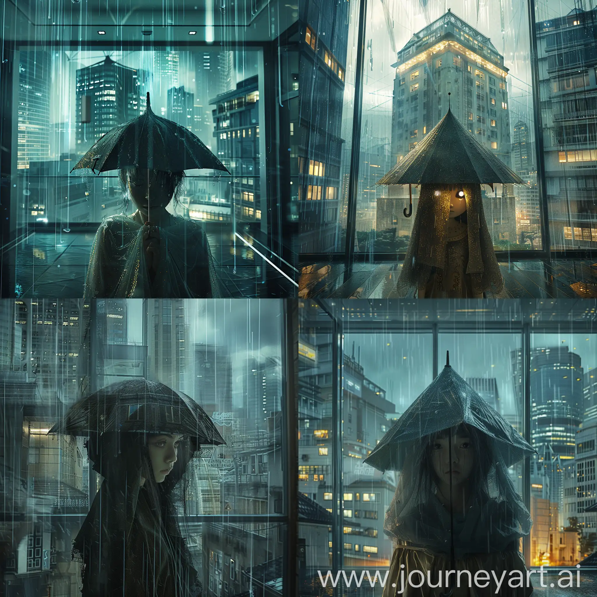 تصویر نئوپانکی از یک دختر با استایل پوشش خانه و با مو های چتری در اتاق، پشت دختر دیوار شیشه ای است و ساختمان های دیگر مشخص هستند، نورپردازی دراماتیک، بارش باران، مودی
