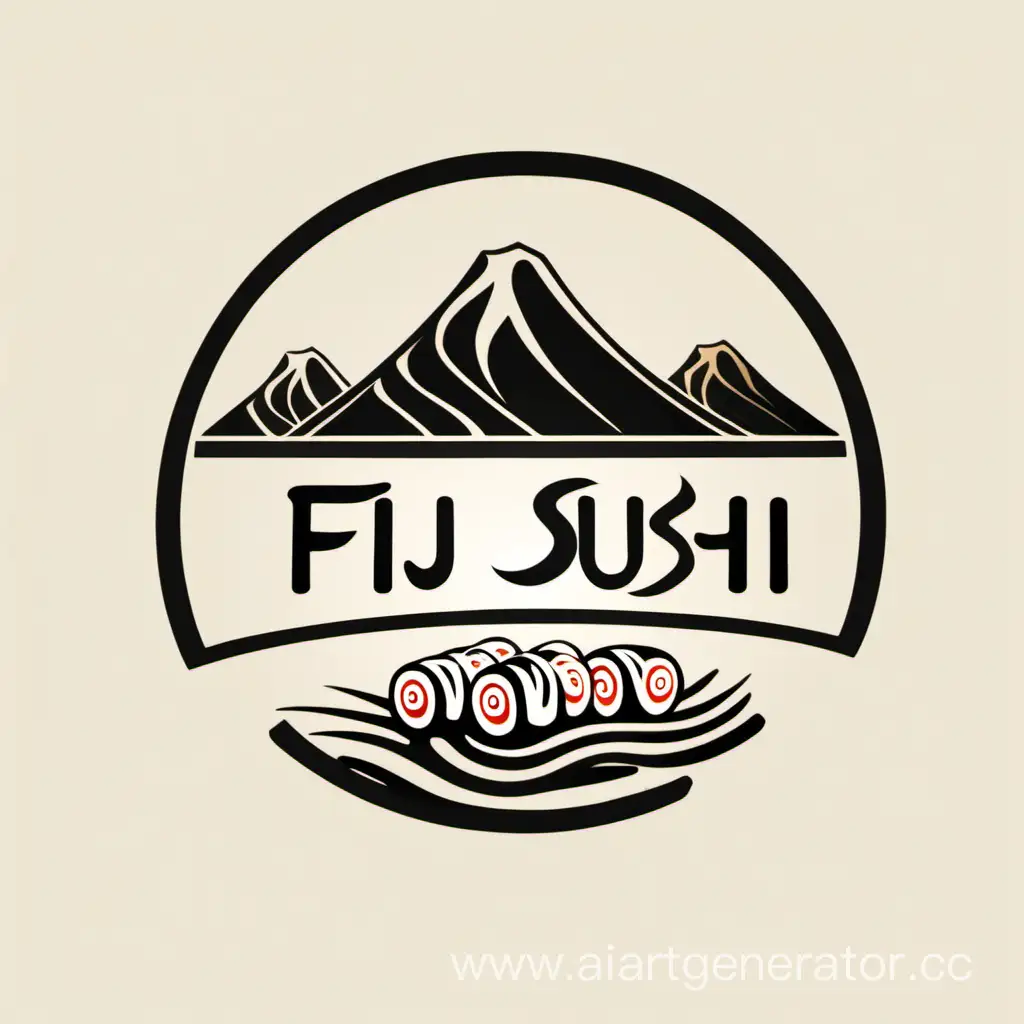 logo on a white background for the fidji sushi cafe, three rolls and mountains in the distance