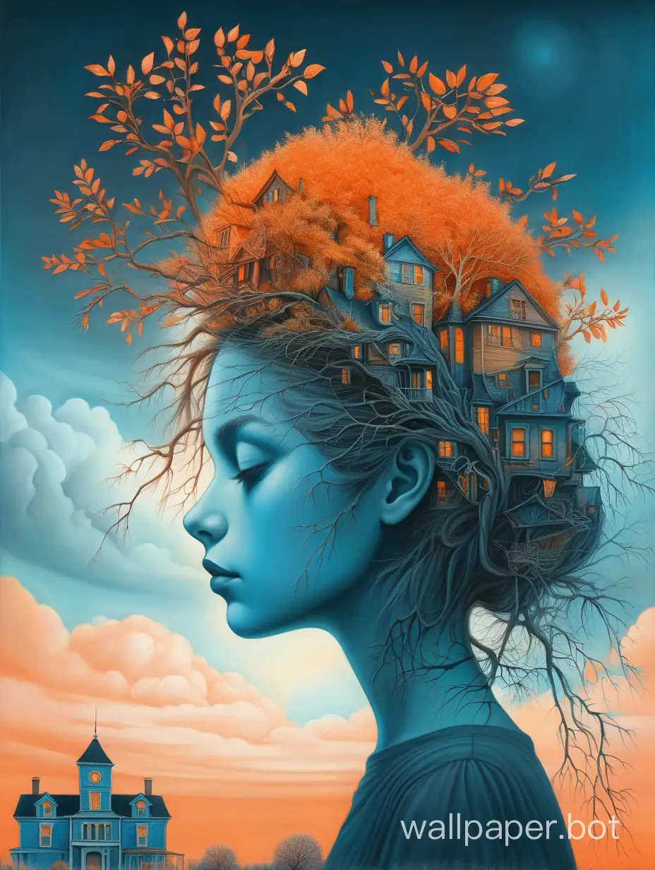 a colorful digital artwork of a woman's head and branches, in the style of haunting houses, graceful surrealism, depictions of urban life, dark sky-blue and orange, portraitures with hidden meanings, caricature-like illustrations, metropolis meets nature
