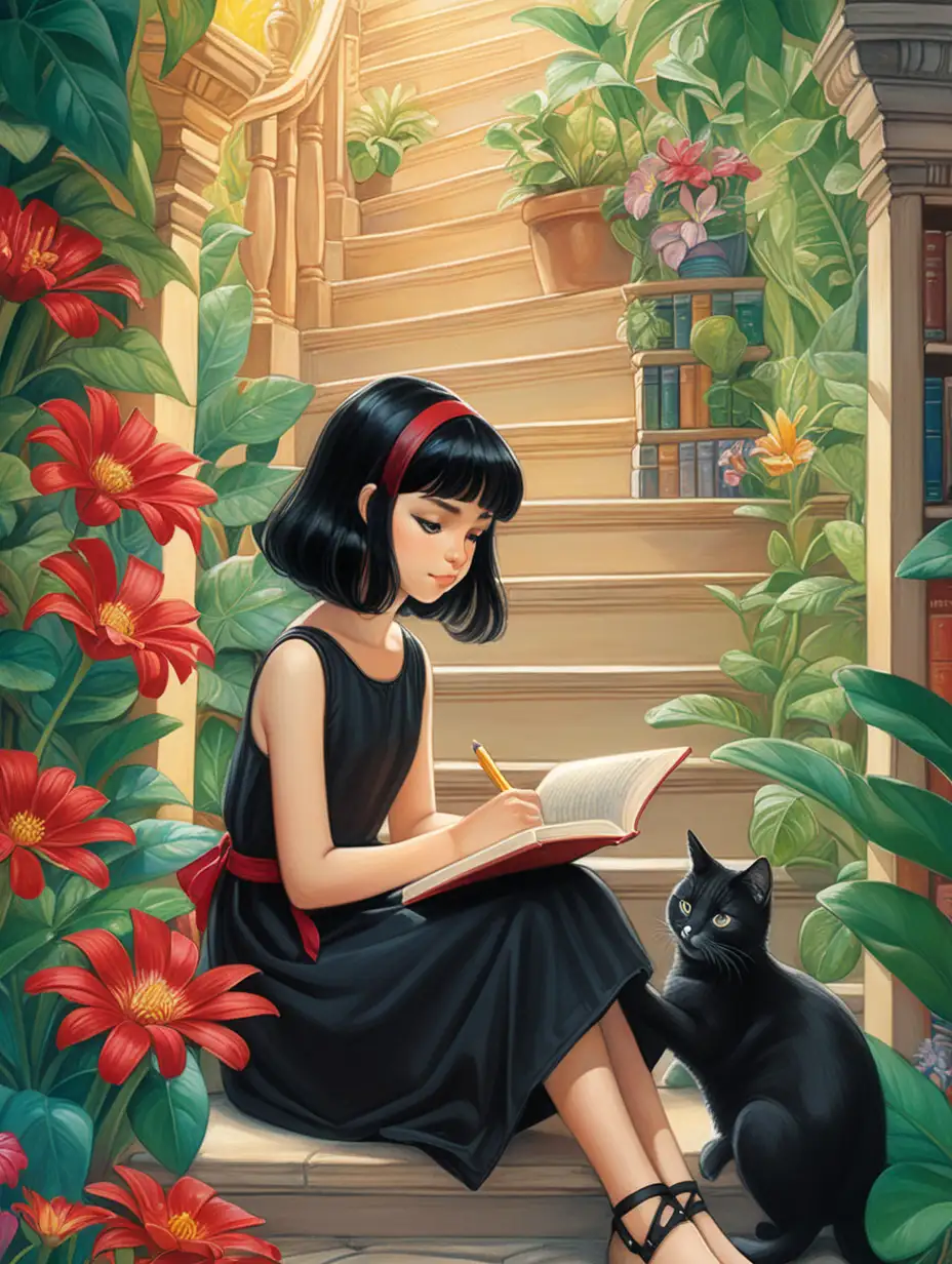 a girl with black hair and a red band in her hair, in a black dress accompanied by a cat, sitting under the stairs reading a book in a library jungle surrounded by a lot of colored flowers draw like in a pencil style