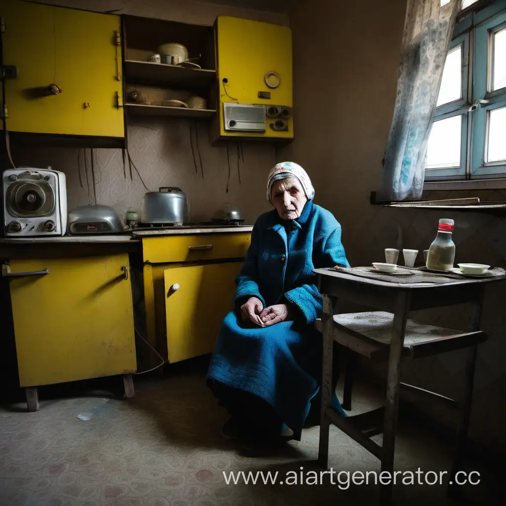 Solitary-Elderly-Woman-Listening-to-Vintage-Radio-in-Kitchen