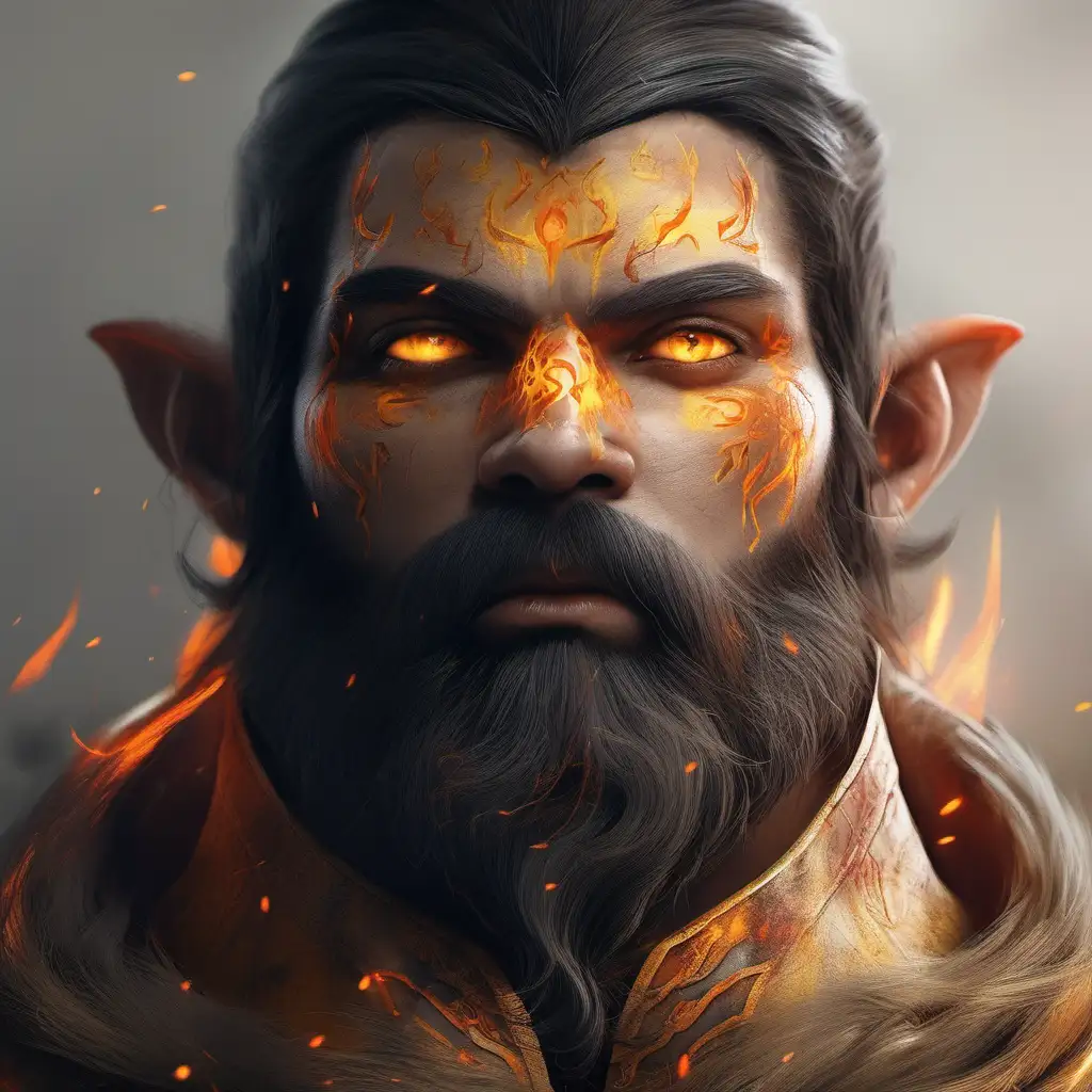 make him heir to the fire star (It often manifests itself with ember-colored eyes. Yellow, bright orange). Very black hair and very long beard, particular concern on the face.