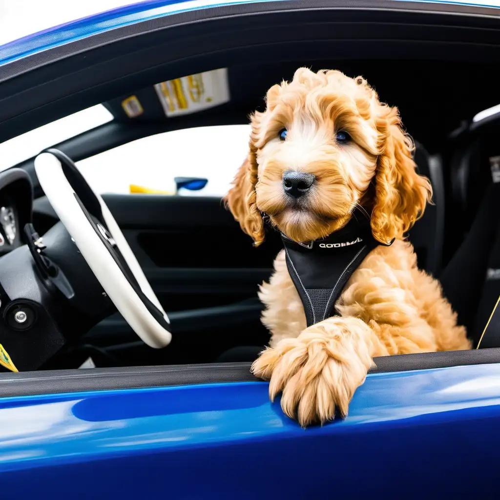 nascar formula 1 car goldendoodle puppy in car