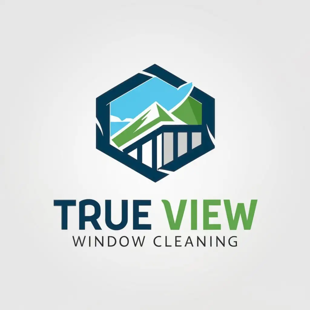 a logo design,with the text "True 
View 
Window
Cleaning
", main symbol:Window 
Mountains 
Green
Blue
,Minimalistic,clear background