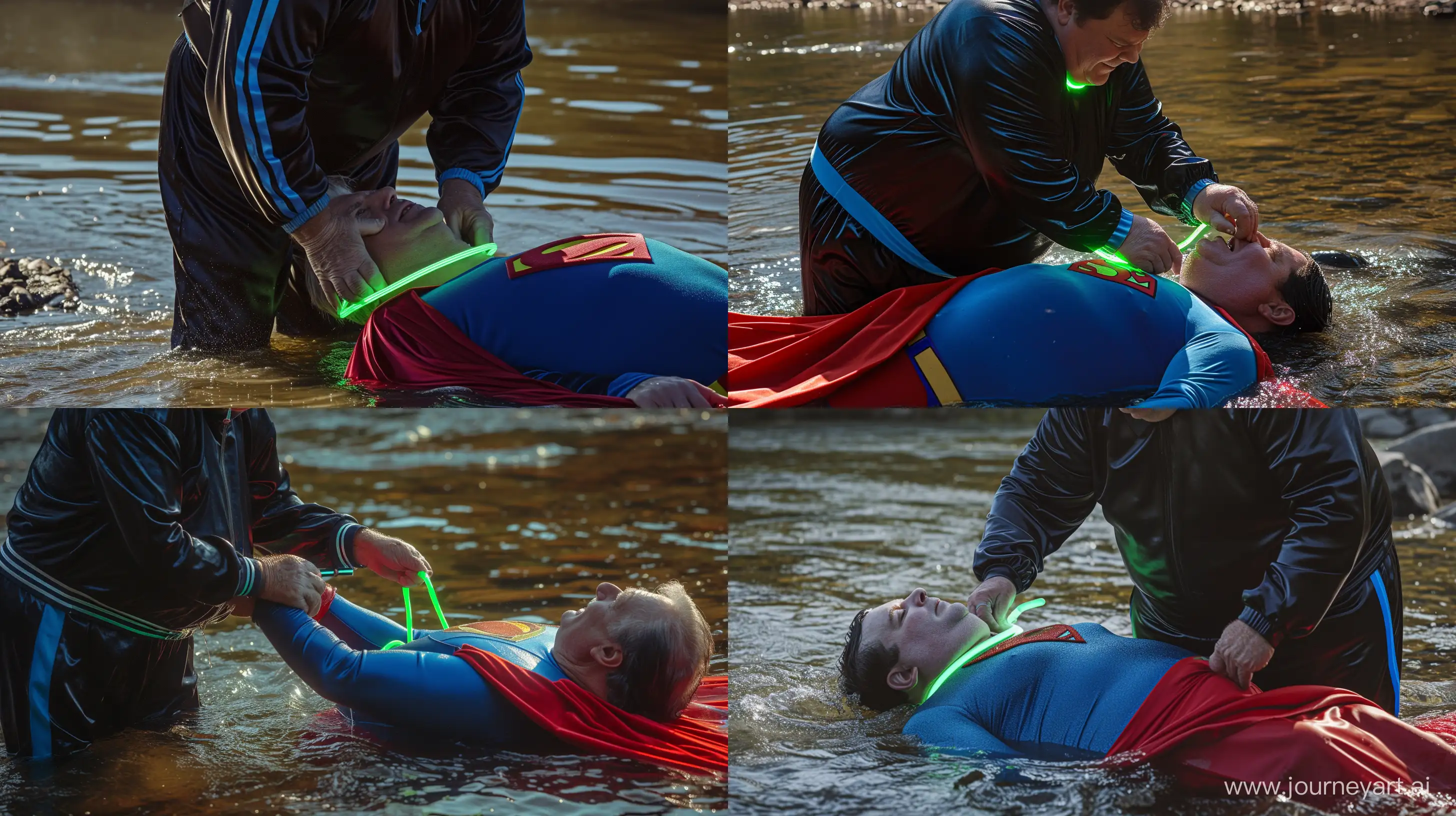 Close-up action photo of a chubby man aged 60 wearing a silk black tracksuit with a blue stripe on the pants. He is tightening a tight green glowing neon dog collar around the neck of a chubby man aged 60 wearing a tight blue 1978 superman costume with a red cape lying in the water. Natural Light. River. --style raw --ar 16:9
