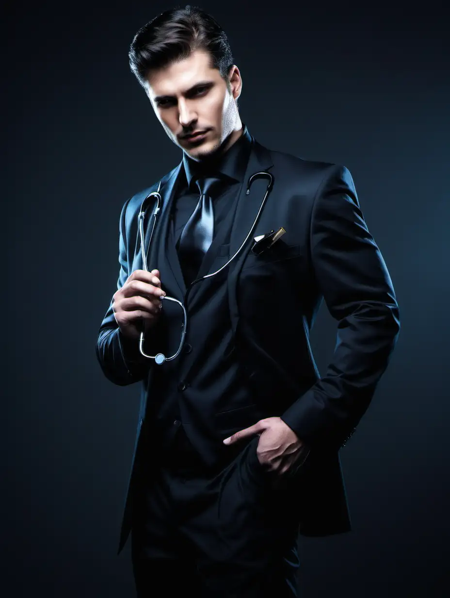 Sexy man in a dark suit holding a stethoscope