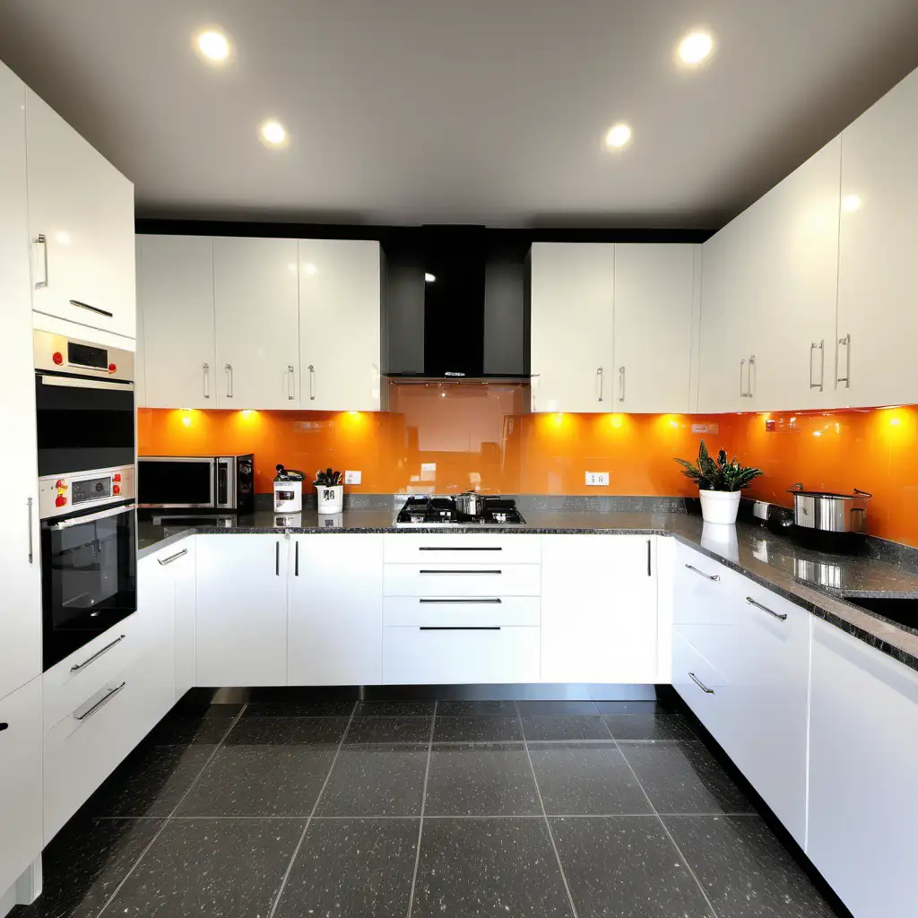 kitchen with white shaker style cabinets and grey granite benchtops and dulux tango mango colour splashback