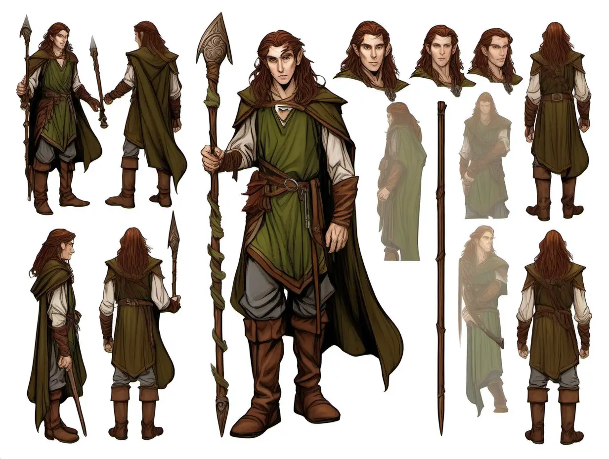 Young Half-Elf, Male, In his 30s, Germanic, druid clothes, has a walking staff, long brown hair, a dungeons and dragons character, no background