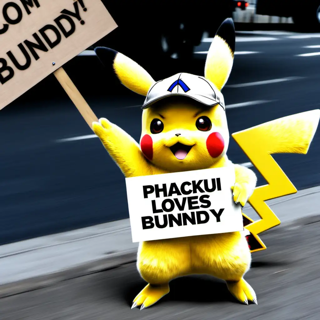 Pikachu Holding a Sign with Bundy