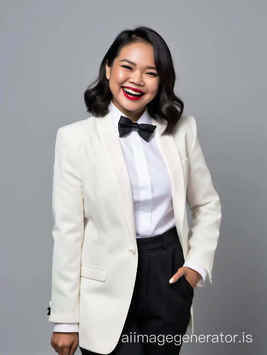 smiling and laughing Filipino woman with shoulder-length hair and lipstick, wearing an ivory tuxedo, wearing a white shirt, wearing a black bow tie, wearing black pants