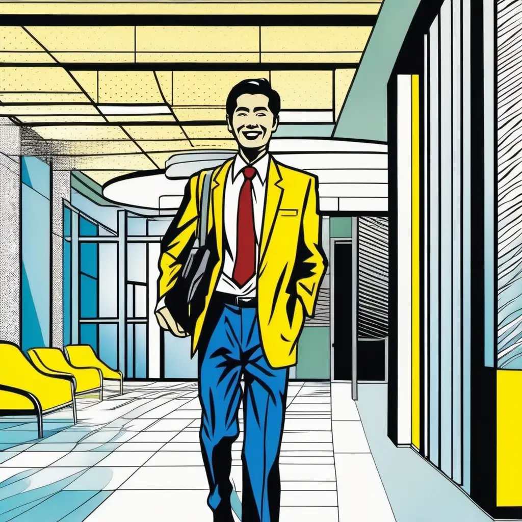 I would like a stunning and colorful picture of a happy asian management consultant entering a modern office building, in the style of roy lichtenstein.
