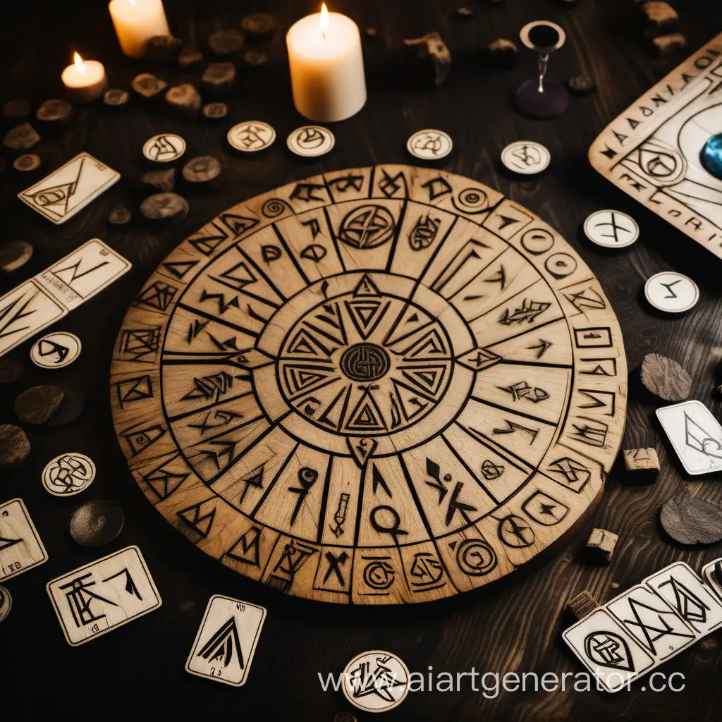 Runic symbols on wooden chips and tarot cards scattered across a table made of dark oak.