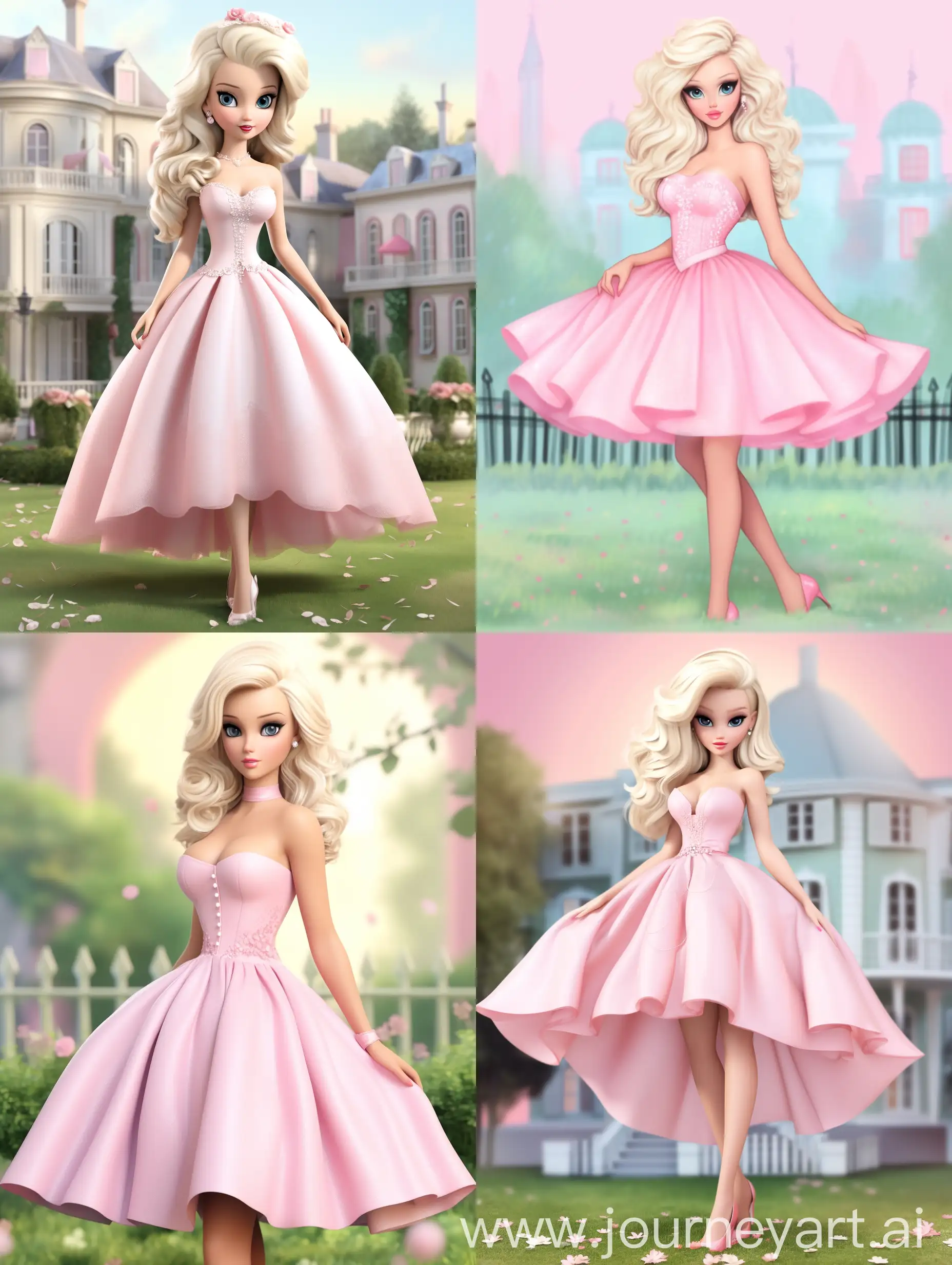 Blonde-Barbie-Doll-Girl-in-1960s-Style-Dress-at-Pastel-Park