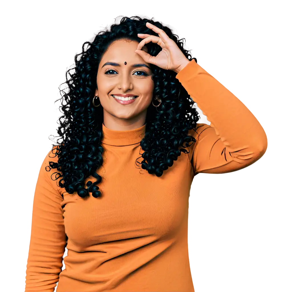female indian anchor with curly hair and nose pin