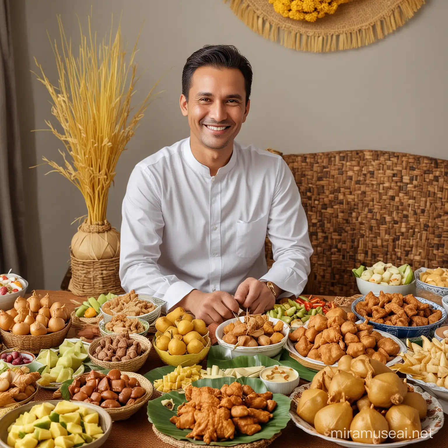 seorang laki-laki berumur empat puluh tahunan tersenyum sumringah ditengah makanan lebaran ketupat dengan opor ayam, sate, buah dan makanan lainya, photo asli