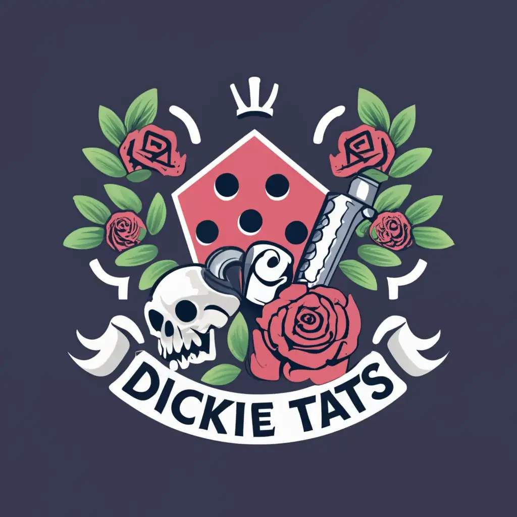logo, Generate a graphic logo for a tattoo shop named "DICEKIE TATS." The logo should feature a specific set of elements. Include a mascot designed as an angry-faced dice with a beard and tattoos on its skin. Incorporate graphic elements, such as a tattoo gun, to enhance the design. Additionally, create a background consisting of skulls and roses for added aesthetic appeal., with the text "DICEKIE TATS", typography, be used in Restaurant industry