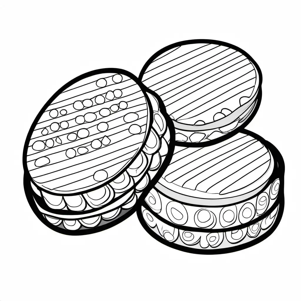 Rice Cakes bold ligne and easy , Coloring Page, black and white, line art, white background, Simplicity, Ample White Space. The background of the coloring page is plain white to make it easy for young children to color within the lines. The outlines of all the subjects are easy to distinguish, making it simple for kids to color without too much difficulty