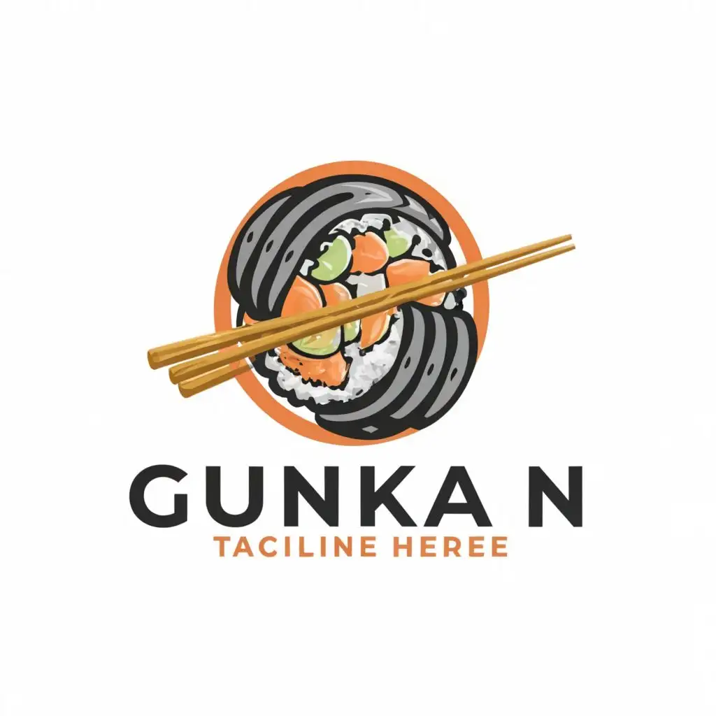 a logo design,with the text "GUNKAN", main symbol:sushi bar, sushi, sushi sticks, food, more details,Moderate,be used in Restaurant industry,clear background