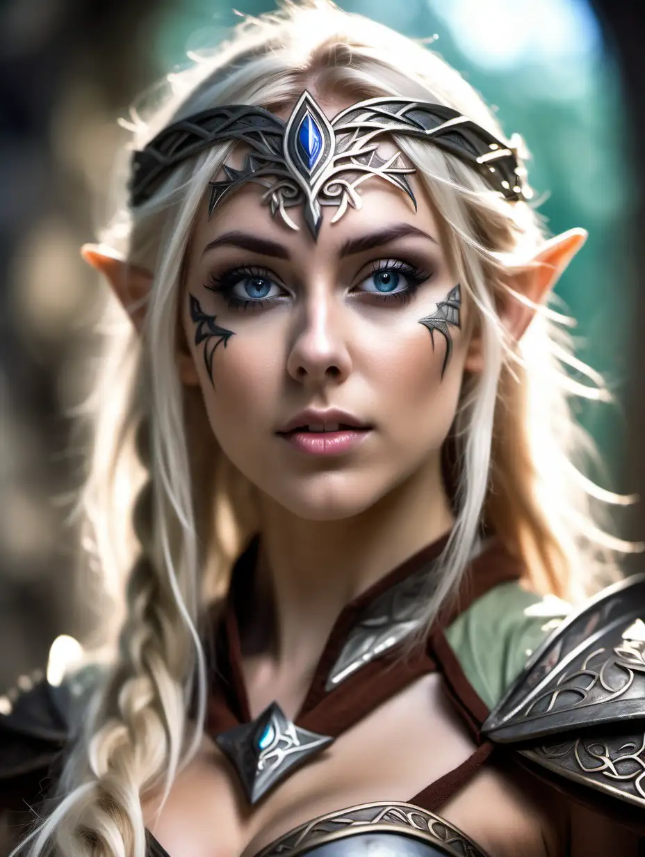 Beautiful Nordic woman, very attractive face, detailed eyes, big breasts, slim body, messy blonde hair, wearing an elven warrior cosplay outfit, extreme close up shot, bokeh background, soft light on face, rim lighting, facing away from camera, looking back over her shoulder, standing in front of an elven sacred temple made of stone, illustration, very high detail, extra wide photo, full body photo, aerial photo