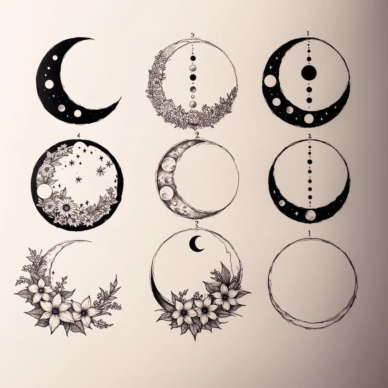 different moon sets with the moon phases but them being made from FLOWERS but for tattoo designs black and white the crescents different ones now but with more flowers
