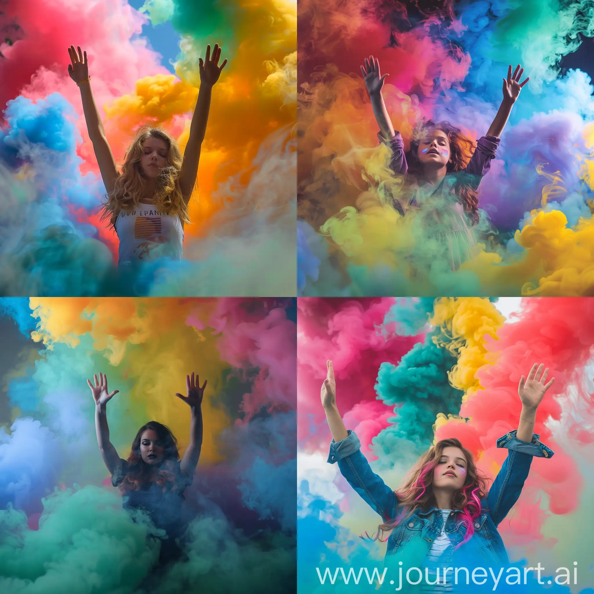A girl, hands raised high, surrounded by colored smoke