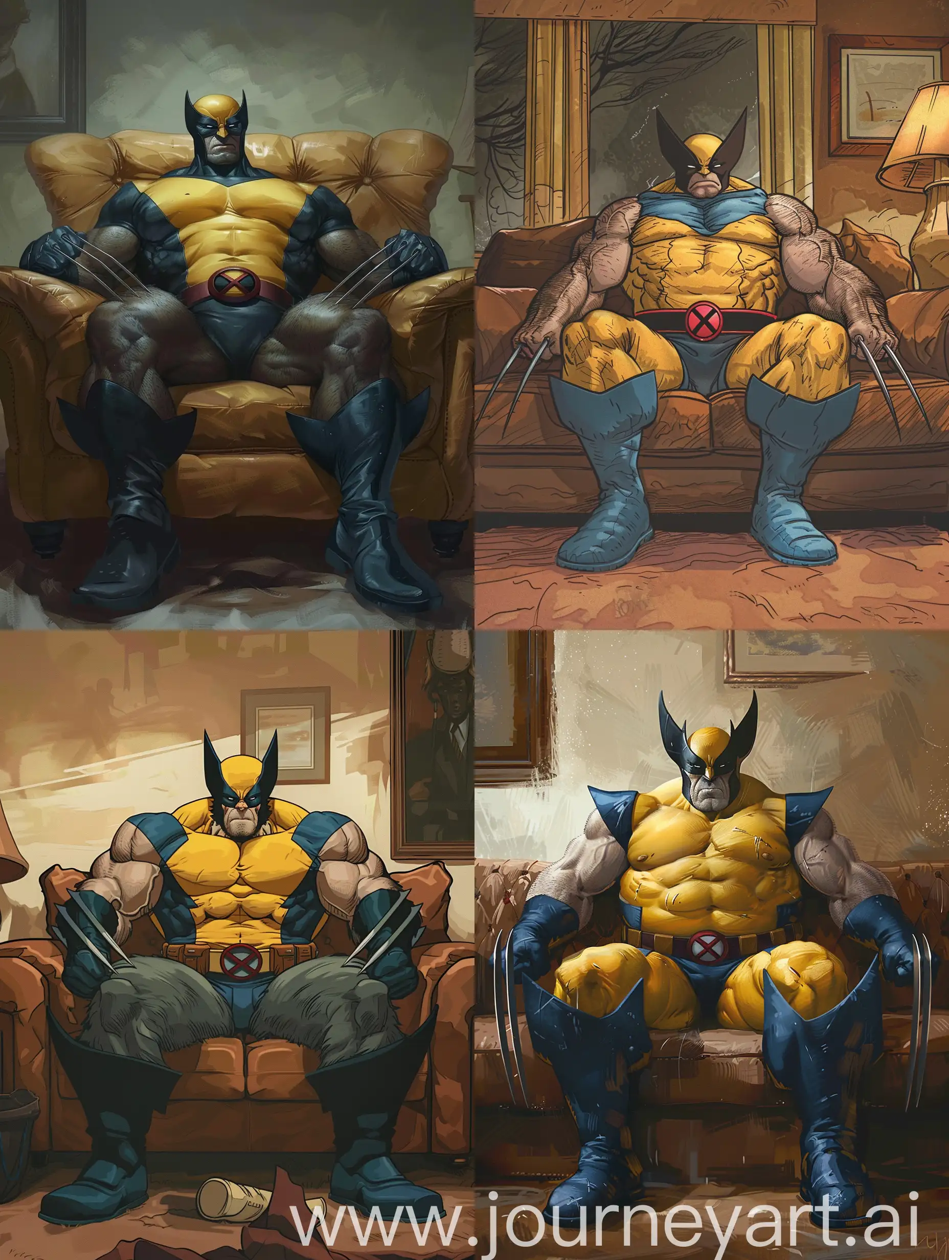Fat Wolverine is sitting on the couch