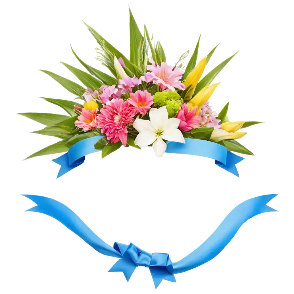 Bouquet of exotic flowers with a blue ribbon old style