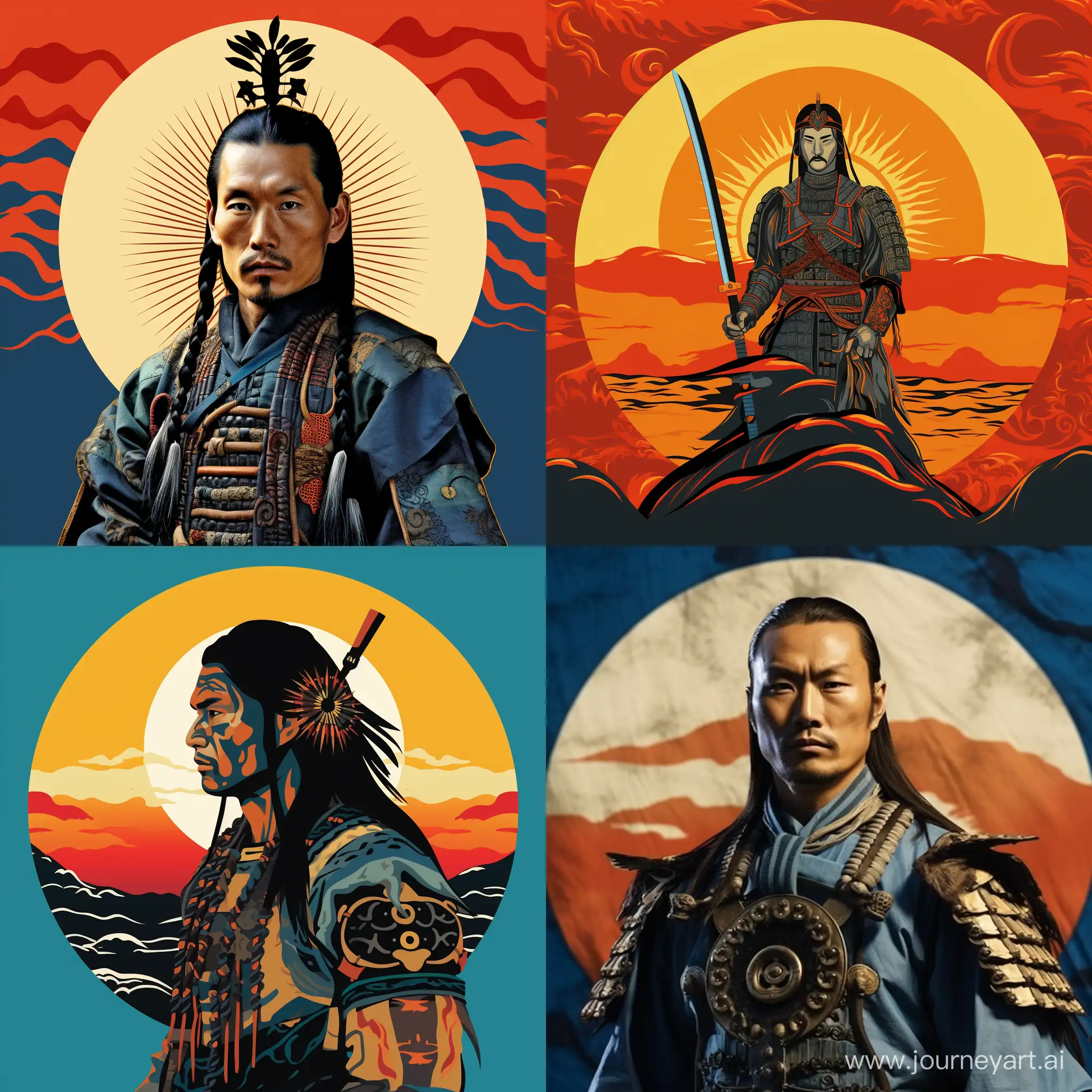 Kazakh samurai on the background of the sun in the form of a Kazakh flag
