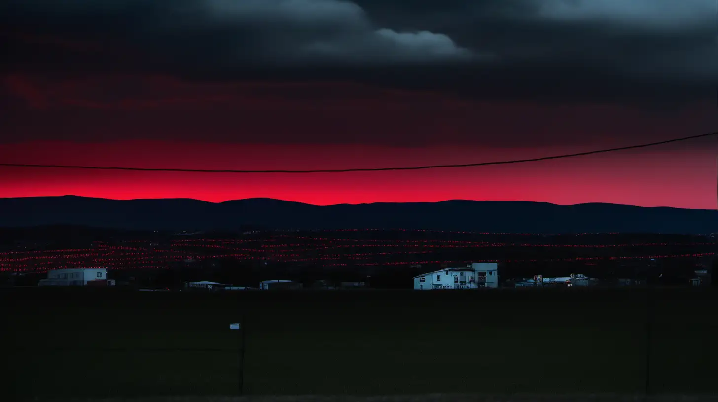A gloomy sunset sky with crimson and sapphire lights reminiscent of police presence), (Nikon Z9 with a 24-70mm f/2.8 lens), (Subdued, eerie lighting casting a foreboding atmosphere), (Landscape photography style capturing the ominous dusk sky with the symbolic red and blue police lights