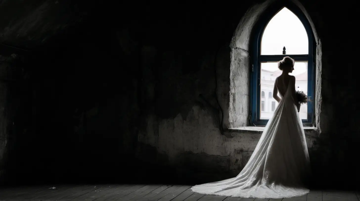 W ciemnym pomieszeniu na strychu stoi na tle dużego okna panna młoda w sukni ślubnej. Za oknem stare miasto w nocy. 