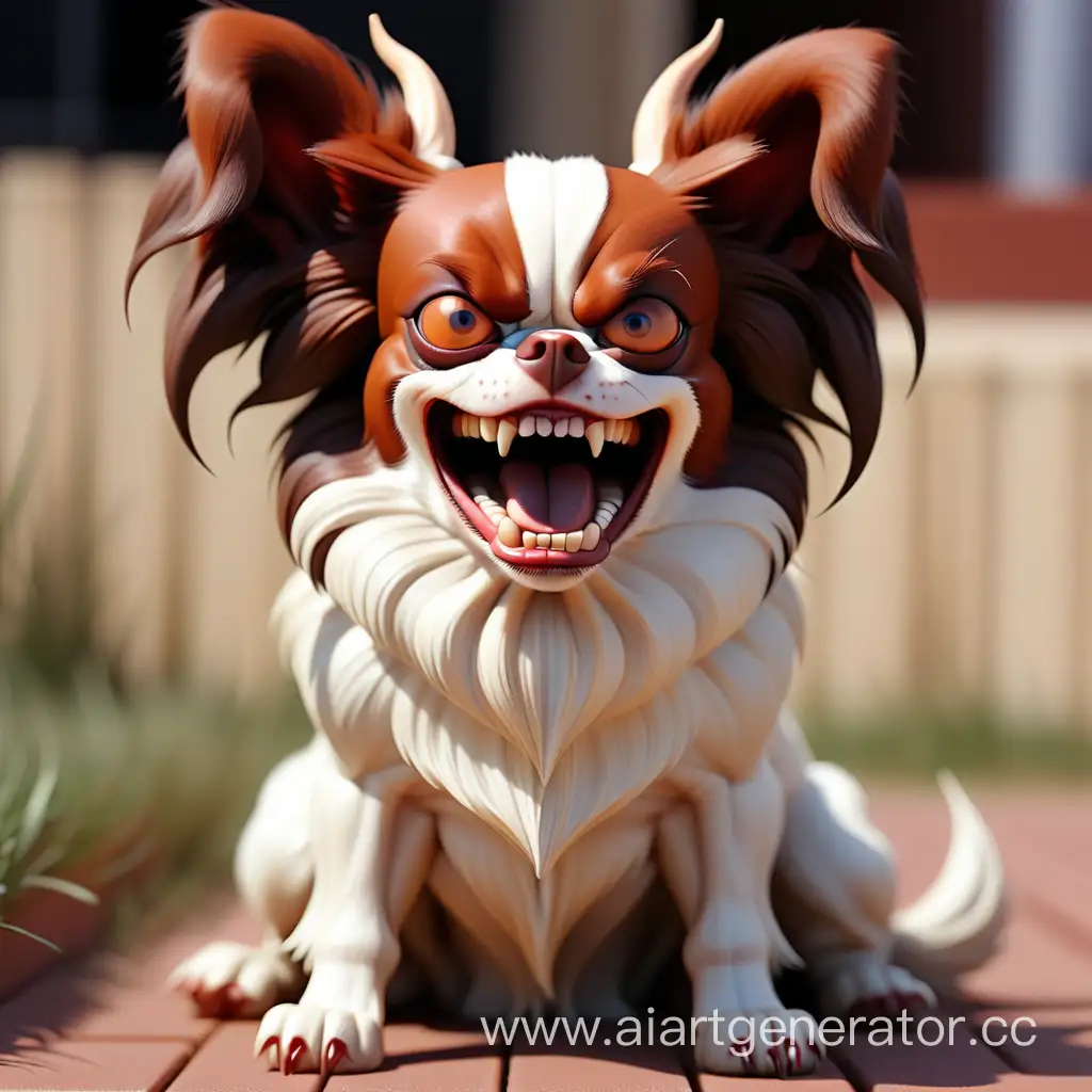 angry papillion dog with brown head and brown ears and sharp teeth looking like a devil