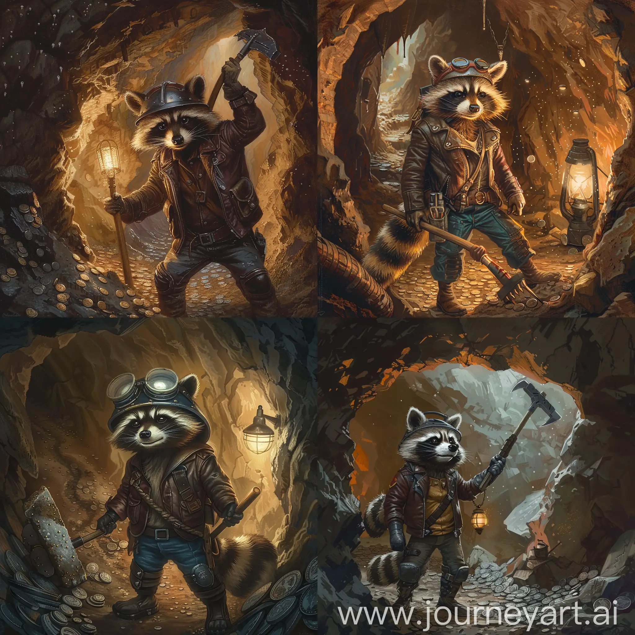 Raccoon miner standing in a cave, in a leather jacket and a helmet, in the hands of a pickaxe, in the walls of the cave there are coins speckled, dim light from a lamp