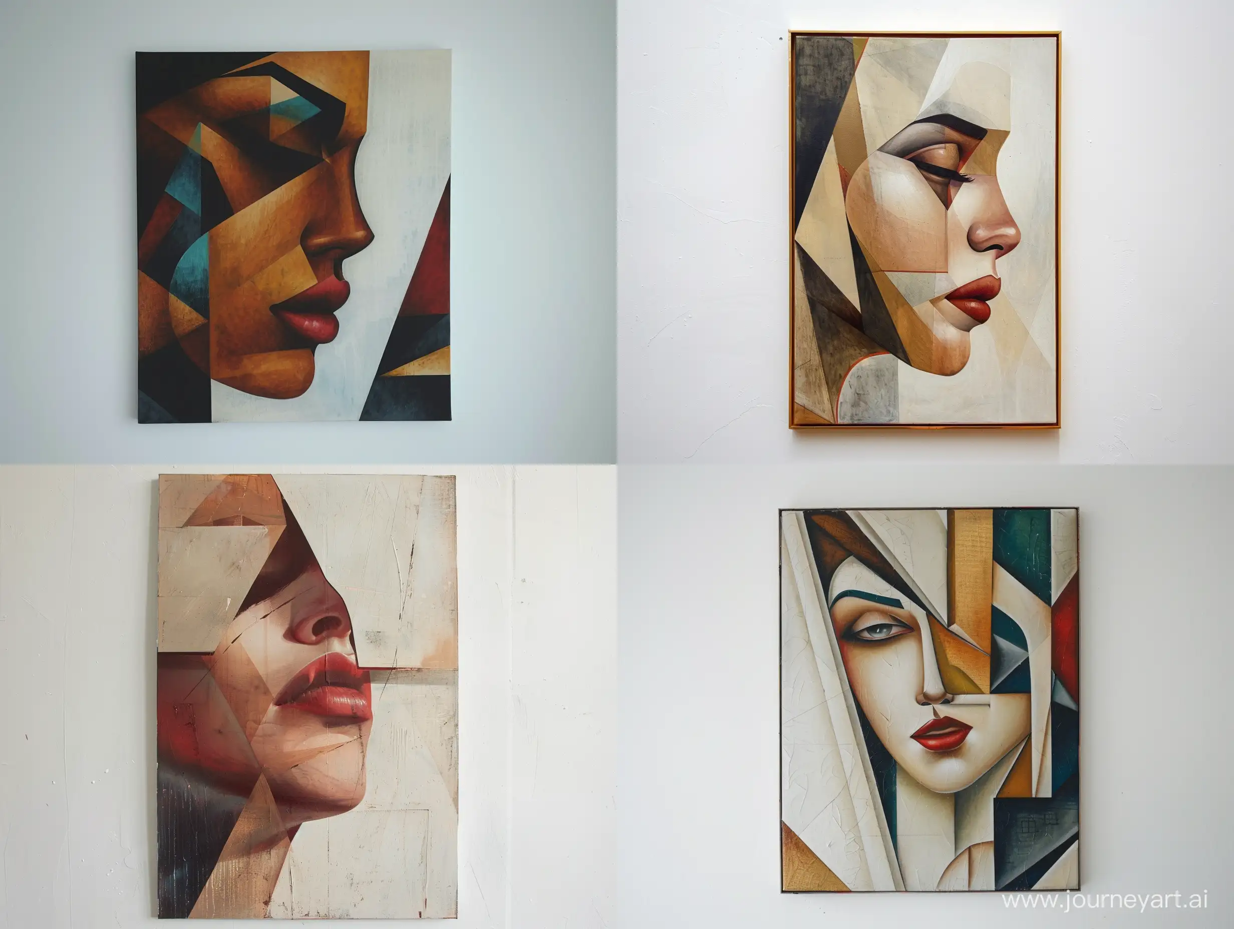 a painting of a woman's face on a white wall, an art deco painting inspired by Luis Royo's art, Behance contest winner, geometric abstract art, art deco, angular, cubism --v 6 --ar 4:3 --no 81155