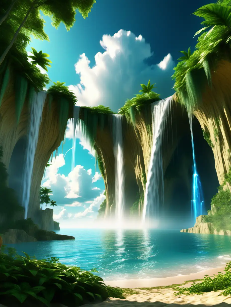 Enchanting Fantasy Beach with Cascading Waterfalls under a CloudKissed Sky