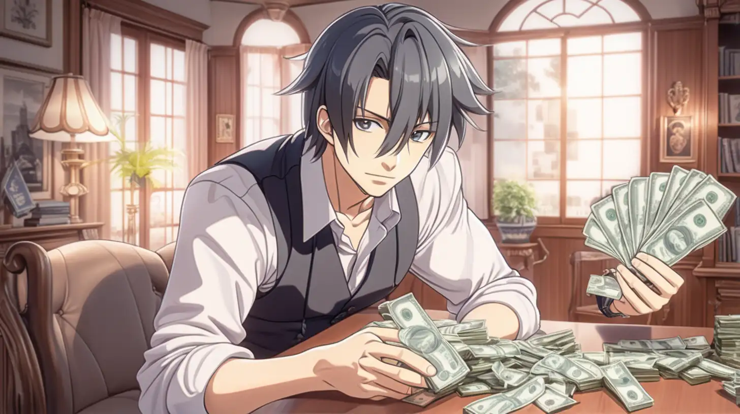 in anime style, a successful man in his beautiful home , hiding a little bit of money