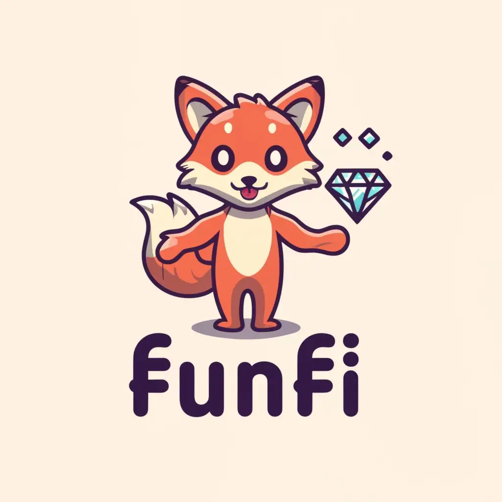 a logo design,with the text "FunFi", main symbol:Cute, cartoonish fox standing like a human holding a sparkling diamond.,Moderate,be used in Technology industry,clear background