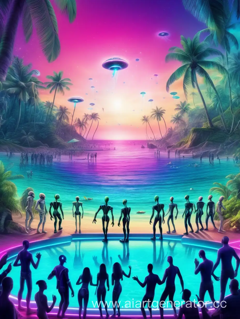 background for flyer, rave, sea, digital ai art, realistic , fx, effects, beach open air, party humans with aliens dance together on dancefloor, jungle techno events, ocean , view from drone 
