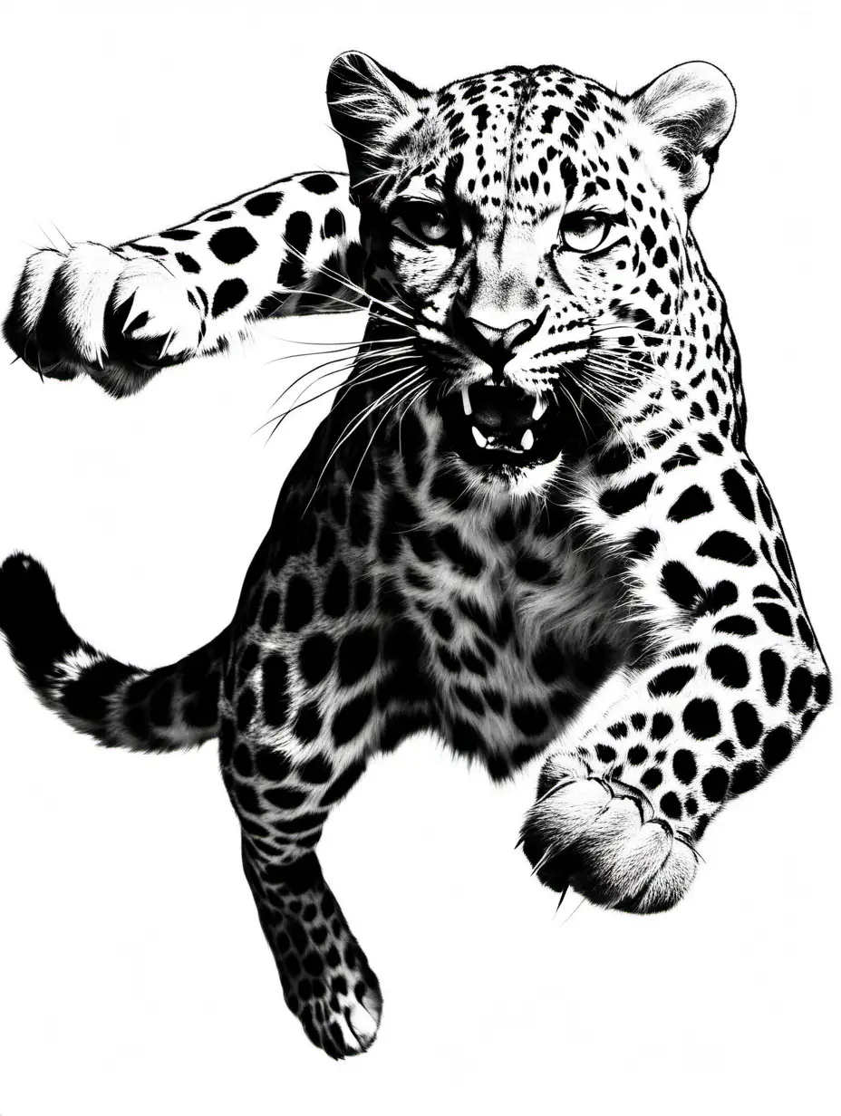 leopard pouncing, front view, macro camera, focus on face, arm furry paw reaching toward the camera, claws out, lineart, black, white, white background